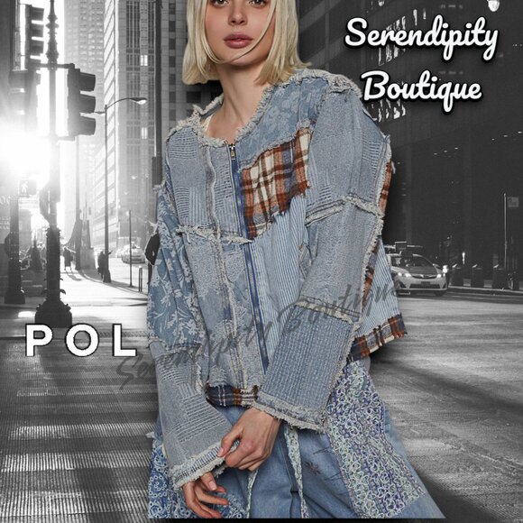 POL Distressed Grunge Denim Flanel Plaid Patch Zipper Front Street Jean Jacket - Picture 4 of 11
